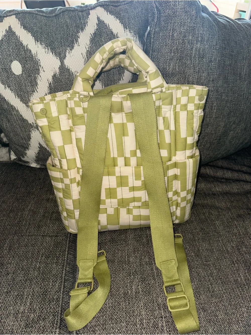 BEIS Quilted Checker Diaper Bag in Green and Cream